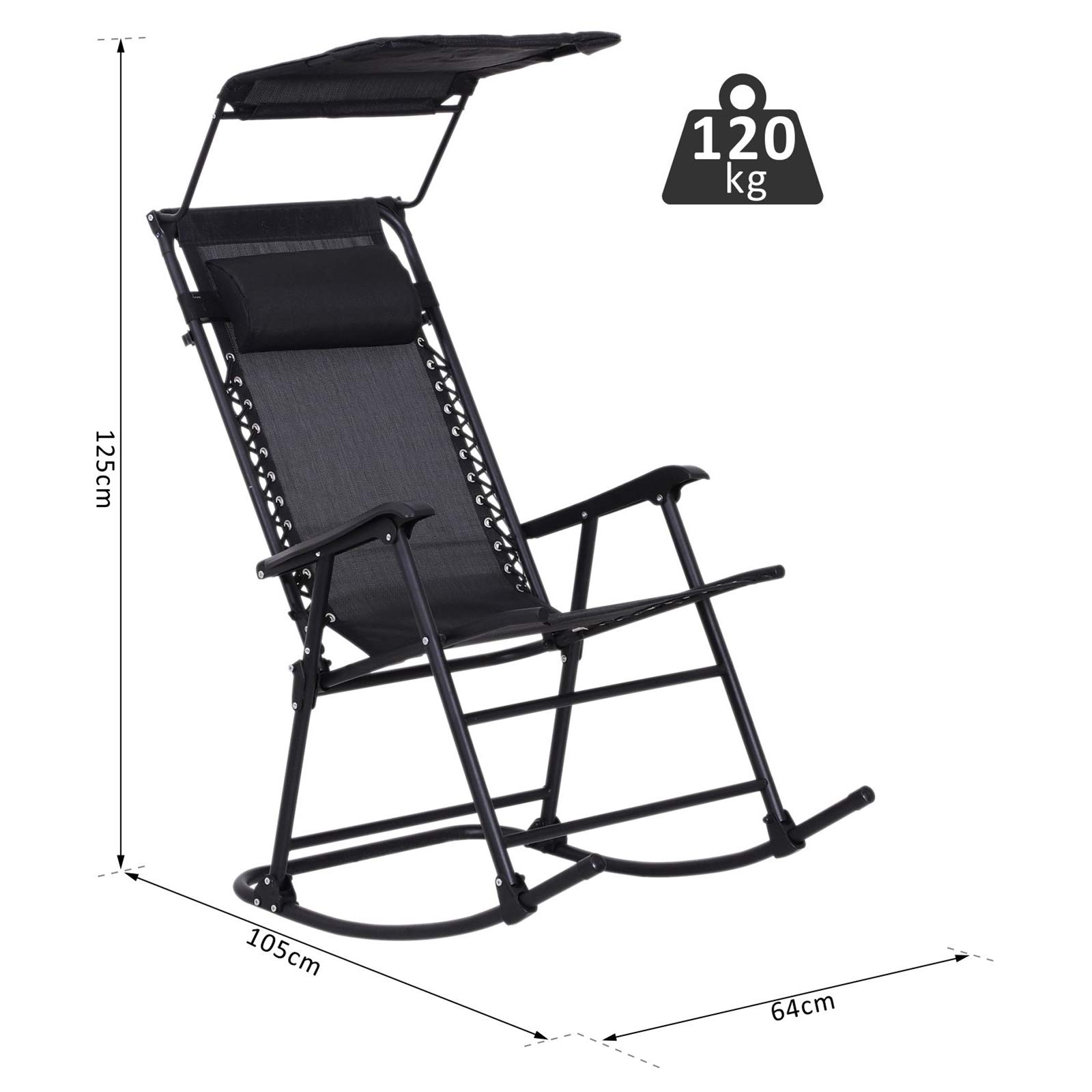 Outsunny Rocking Chair Plegable de Jardín Dim. 105 x 64 x 125 cm tetera + parasol incluido acero epoxi textileno negro