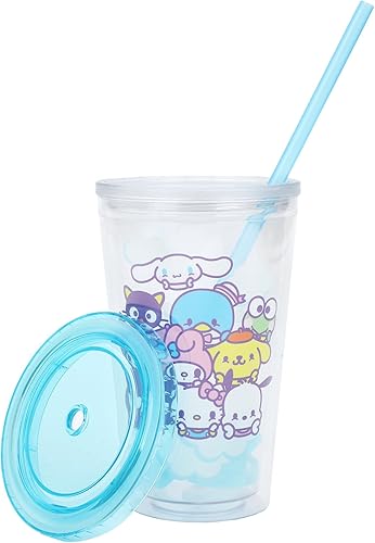 Bioworld Hello Kitty & Friends - Taza acrílica de 16 onzas con popote reutilizable