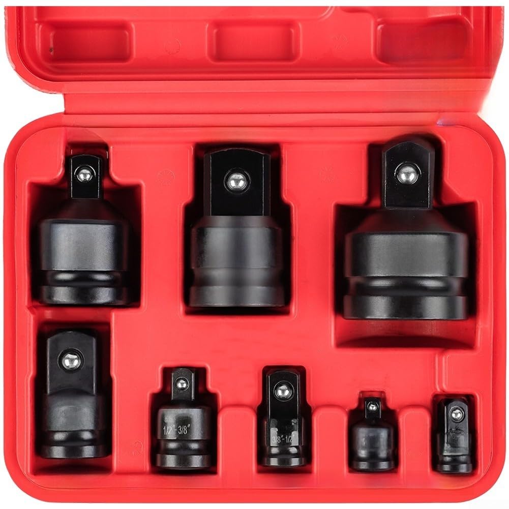 Juego de 8 Adaptadores de Cromo Vanadio Negro para Herramientas Neumáticas y Eléctricas con Estuche Organizador 19x15cm