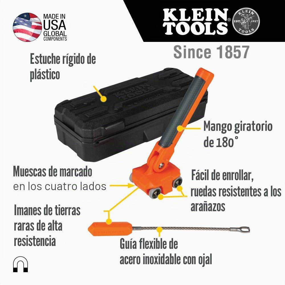 Klein Tools 50611 Extractor de alambre magnético, encuentra y tira de cables de alambre detrás de paredes o espacios reducidos, líder de acero inoxidable, imán de tierras raras