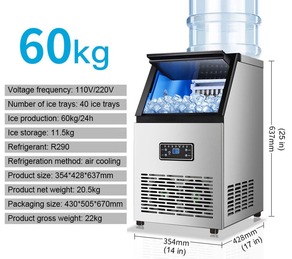 Maquina de Hielo Profesional,Producción Diaria 60kg,Capacidad de Almacenamiento 11.5kg,Autolimpiante máquina de Hacer Hielo para casa con Filtro Incluido y Pala para Hielo