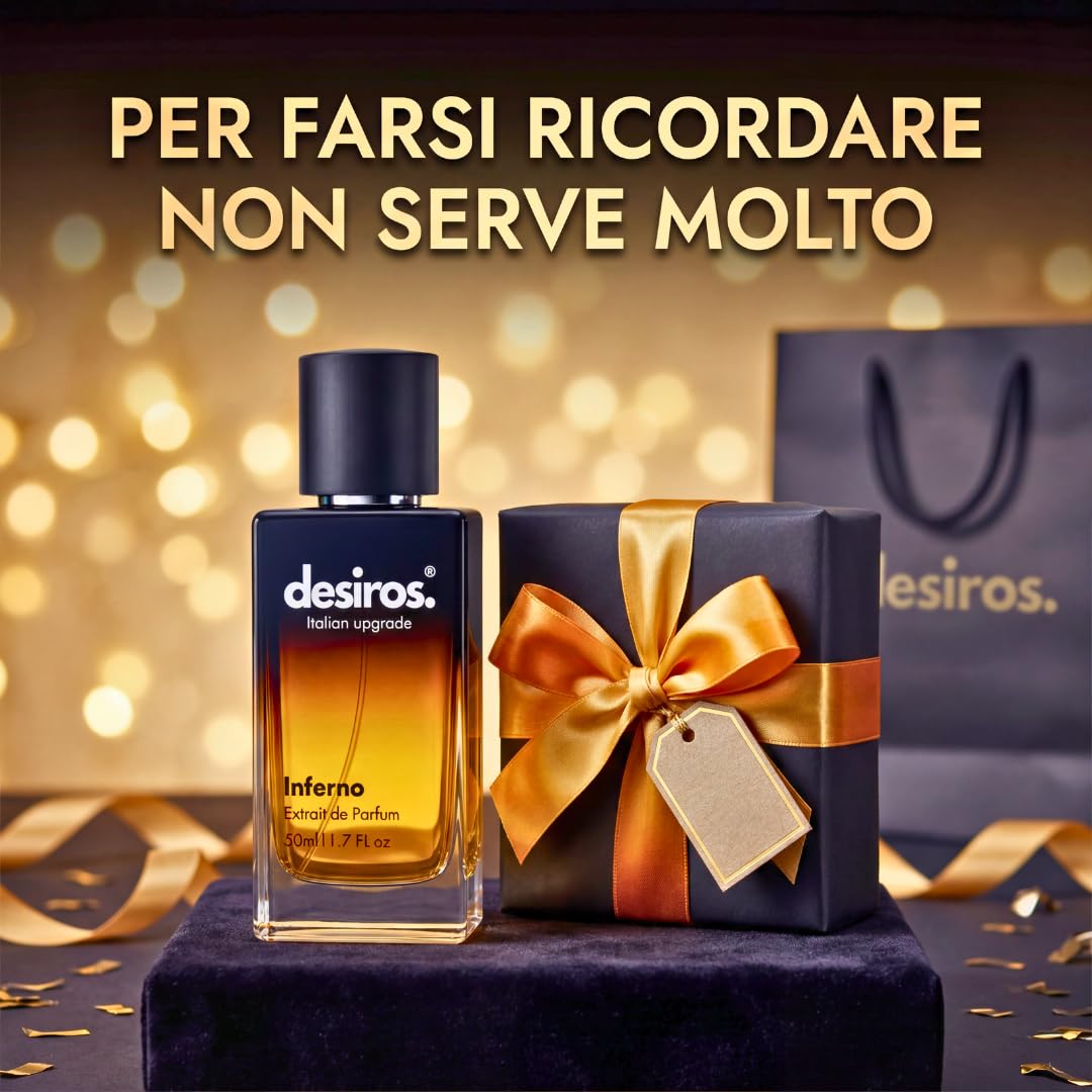 Desiros Inferno - Estratto di Profumo Uomo Italiano Seducente a Lunga Durata Intenso Elixir - Perfume di Marca - Parfum con Note Agrumate, Fresche, Legnose - 25% di Oli Essenziali - Regalo Uomo - 50ml