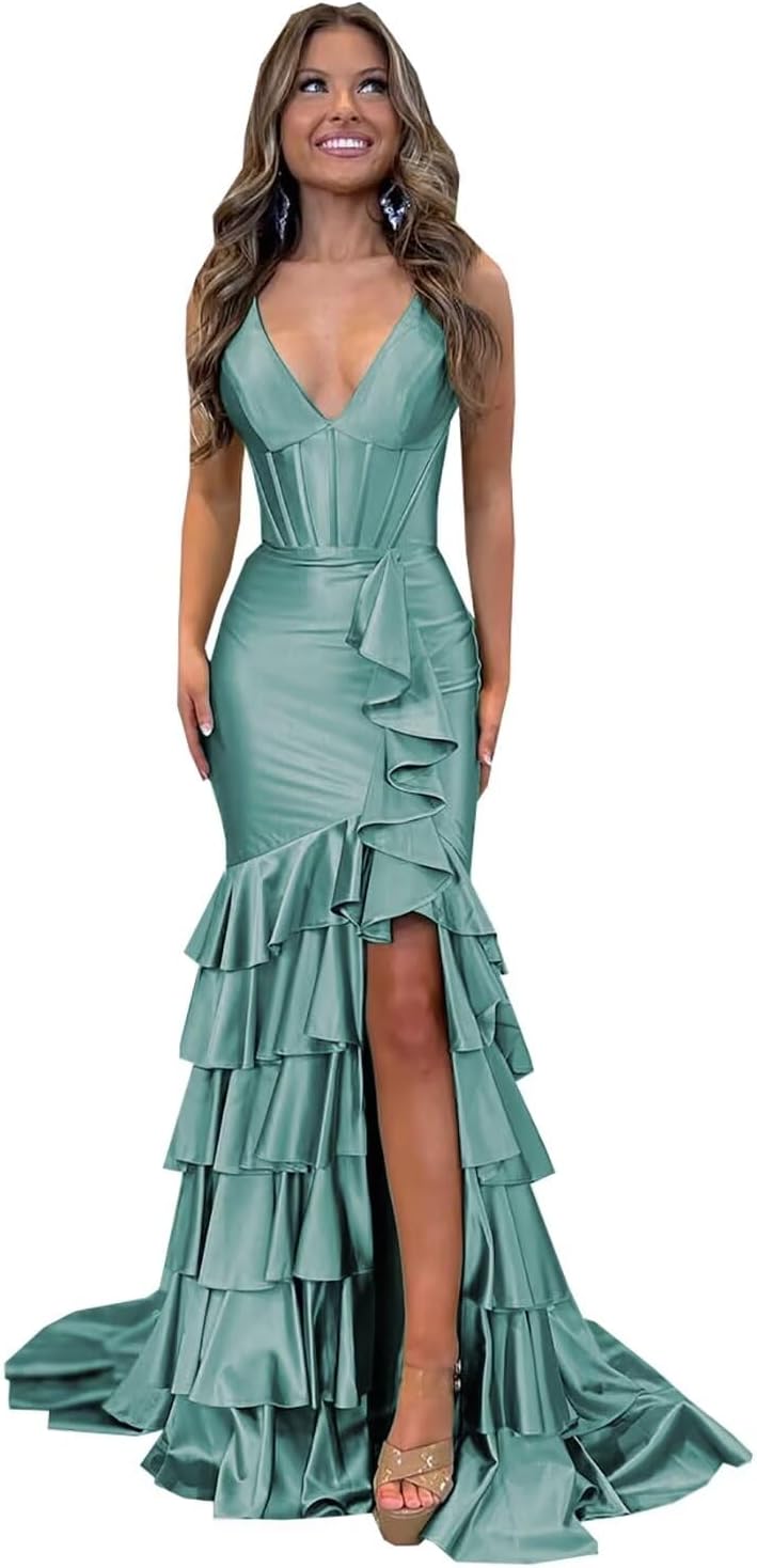 YMFFW Satin Ruffles Mermaid Prom Dresses Long with Slit 2025 Sexy V Neck Evening Dresses Corset Plus Size Party Gowns