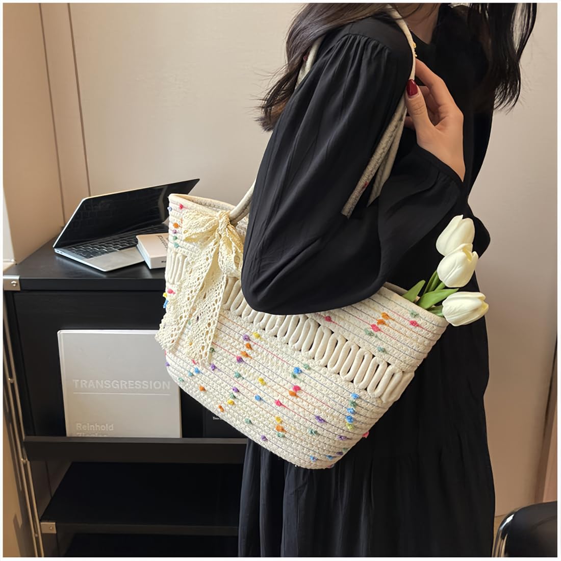 Pahajim Bolso Tote Bag Bolso de Mano de Mujer Bolsos Trenzado con Cuerda de Algodón Bolsos Bandolera con Cremallera para Verano Playa Vacaciones