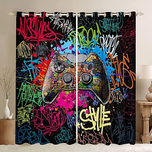 Erosebridal Gaming Window Treatment for Boys 84"X63",Teens Gamer Room Decor Graffiti Art Game Controller Curtains,Kids Hip Hop Texture Gamepad Window Curtains Doodle Style Bedroom Decor