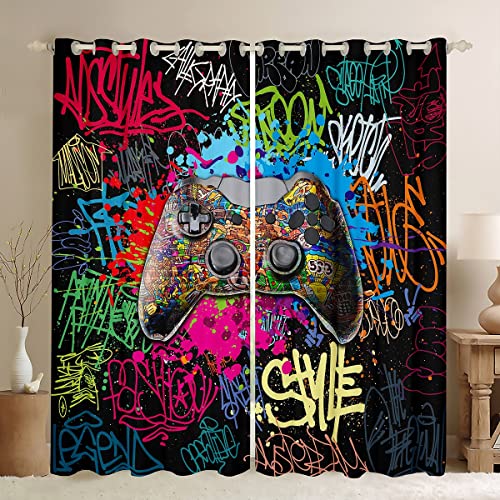 Erosebridal Gaming Window Treatment For Boys 84"X63",Teens Gamer Room Decor Graffiti Art Game Controller Curtains,Kids Hip Hop Texture Gamepad Window Curtains Doodle Style Bedroom Decor #TOP11