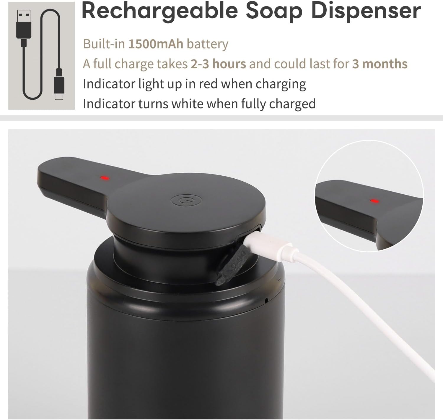 Automatic Foaming Soap Dispenser, Rechargeable Touchless Foam Hand Soap Dispenser for Bathroom, Soap Pump for Kitchen, Water-Resistant, Xmas Gift 10oz, Black - Image 6