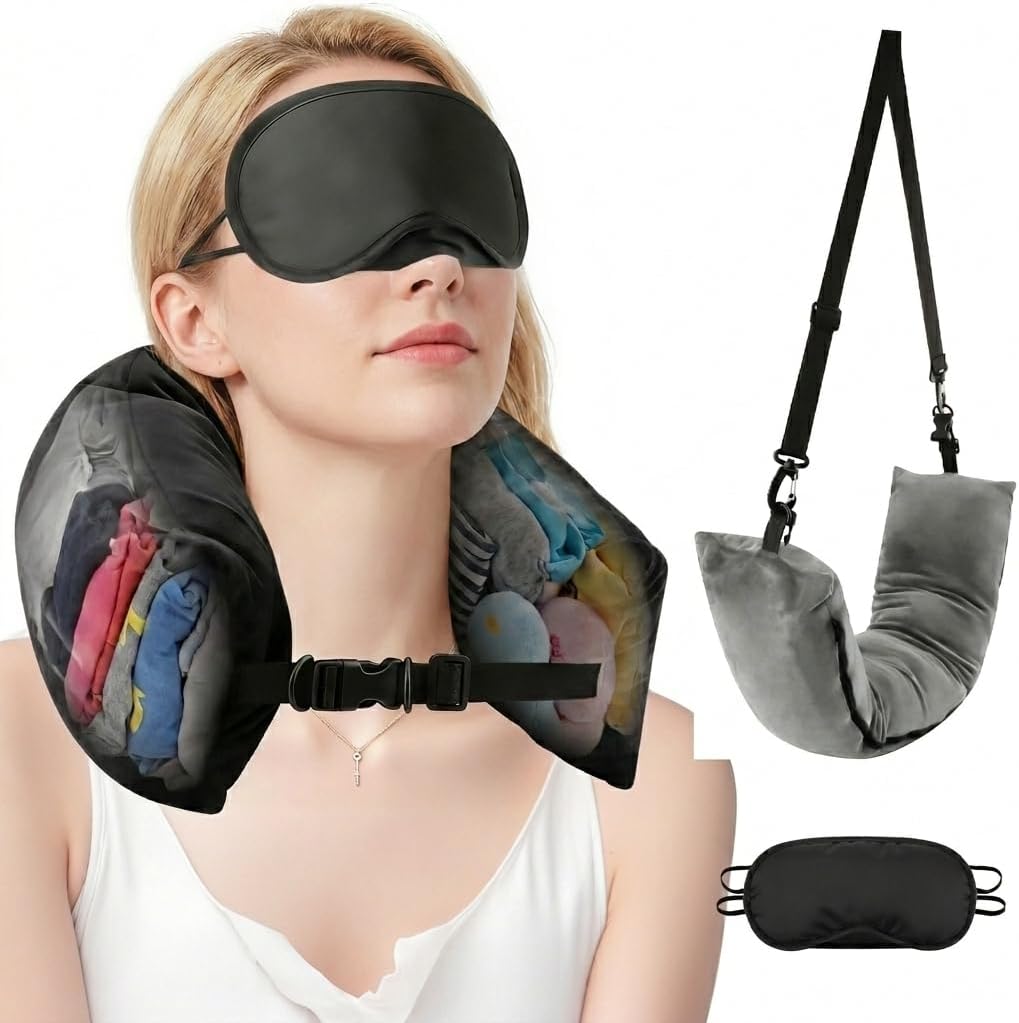 Stuffable Travel Pillow, 2-Pack Stuffable Neck Pillow for Travel, with 2 Eye Mask, Packable Airplane Travel Pillow for Extra Luggage, No Filler(Black+Blue)