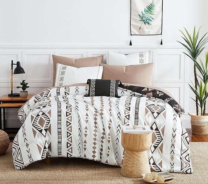 Image of Geniospin Super King Plus Size Comforter Set- 7 Pieces Boho Bed in a Bag, Western Bedding Set for All Seasons, Reversible Aztec Bedding, Lightweight Comforter Bed Set with Sheets, Pillowcases & Shams