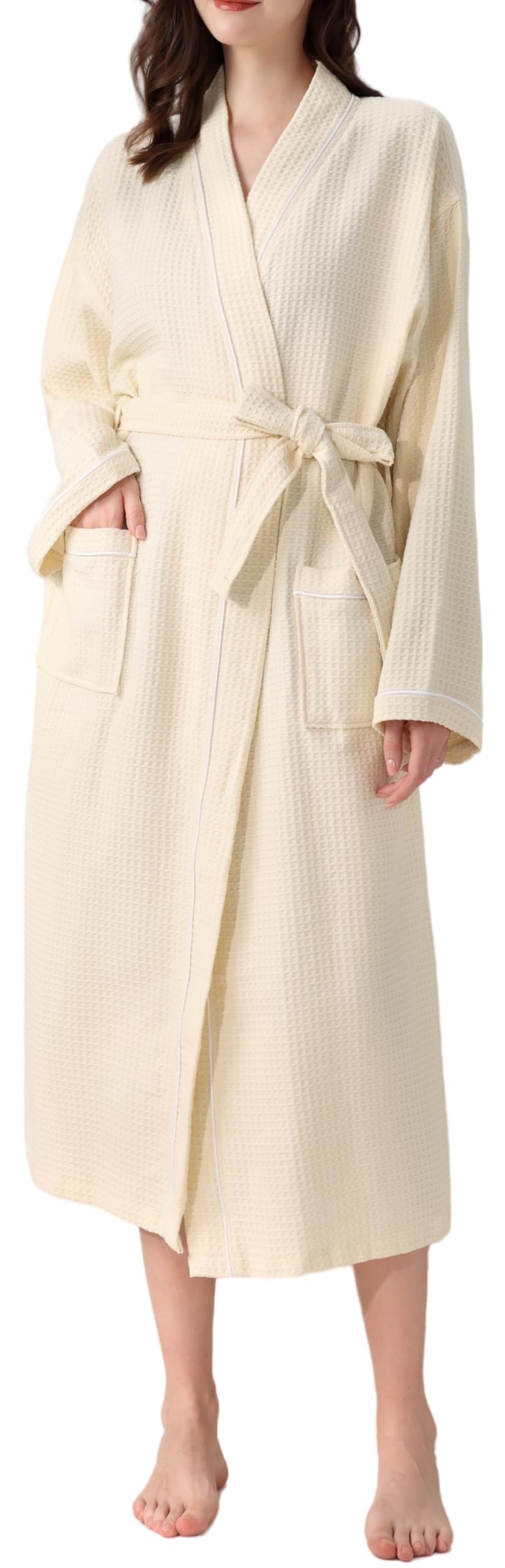 Bathrobe, 100% Cotton, Waffle Fabric, 3D Woven, Men's, Women's, Loungewear, Gown, Room Wear, Gentle Touch, Unisex, Hotel, After Bathing, Absorbent, Quick Drying, Thermal, Bath Supplies, Spring Medium yellow
