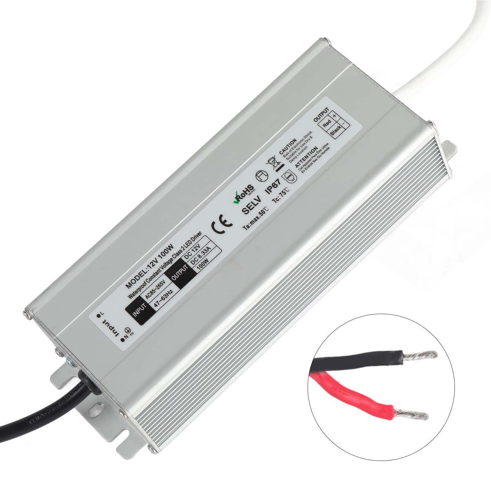 Alimentatore LED AC 100 - Adattatore da 265 V a 12 V CC Trasformatore industriale impermeabile IP67 con spina americana Alloggiamento in lega di alluminio per strisce luminose LED (Uscita spina