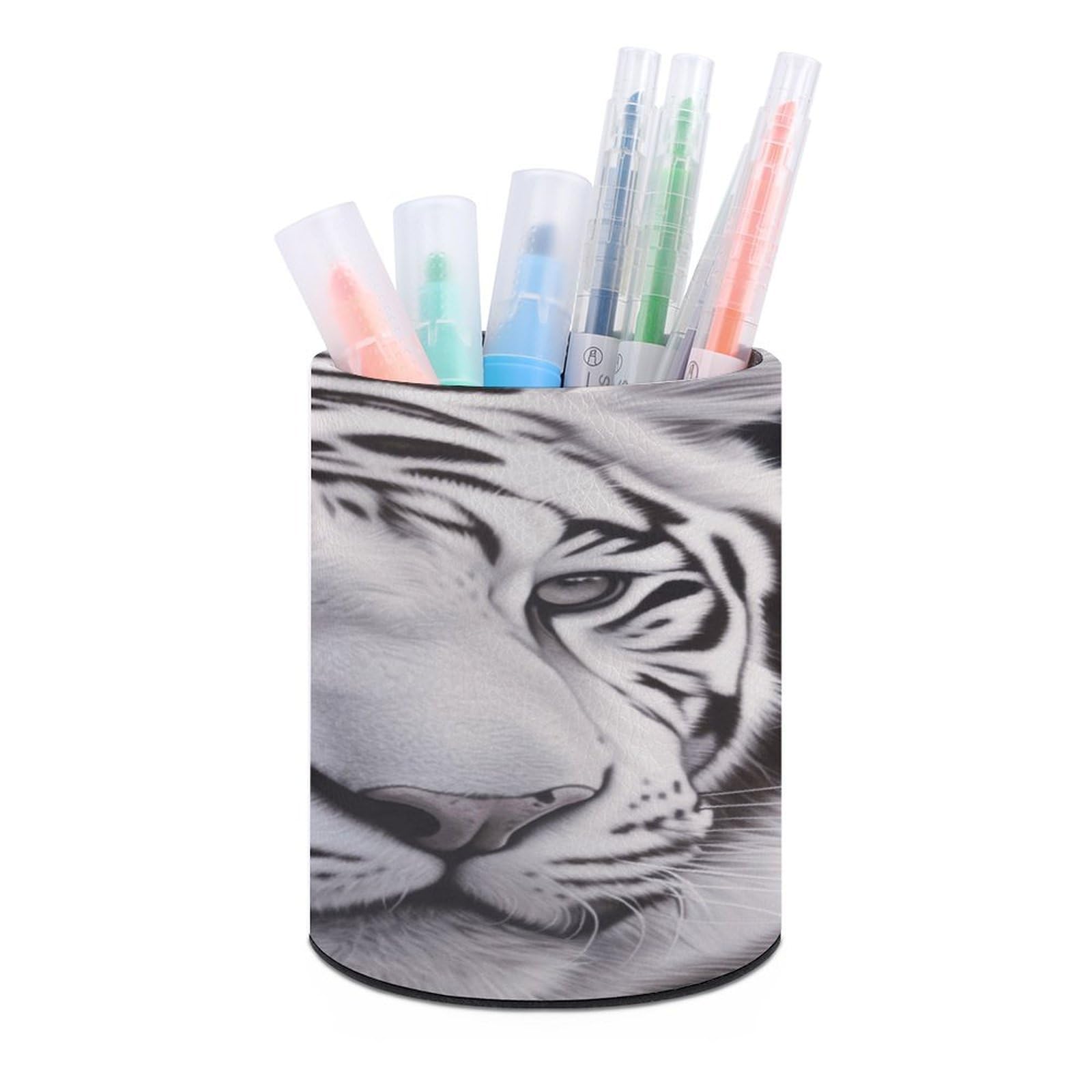 VstaDank White Tiger Pen Holder PU Leather Pencil Cup Minimalist Desk Pencil Holder Round Make Up Brush Organizers For Office Dorm Room&Vanity Desk Accessories