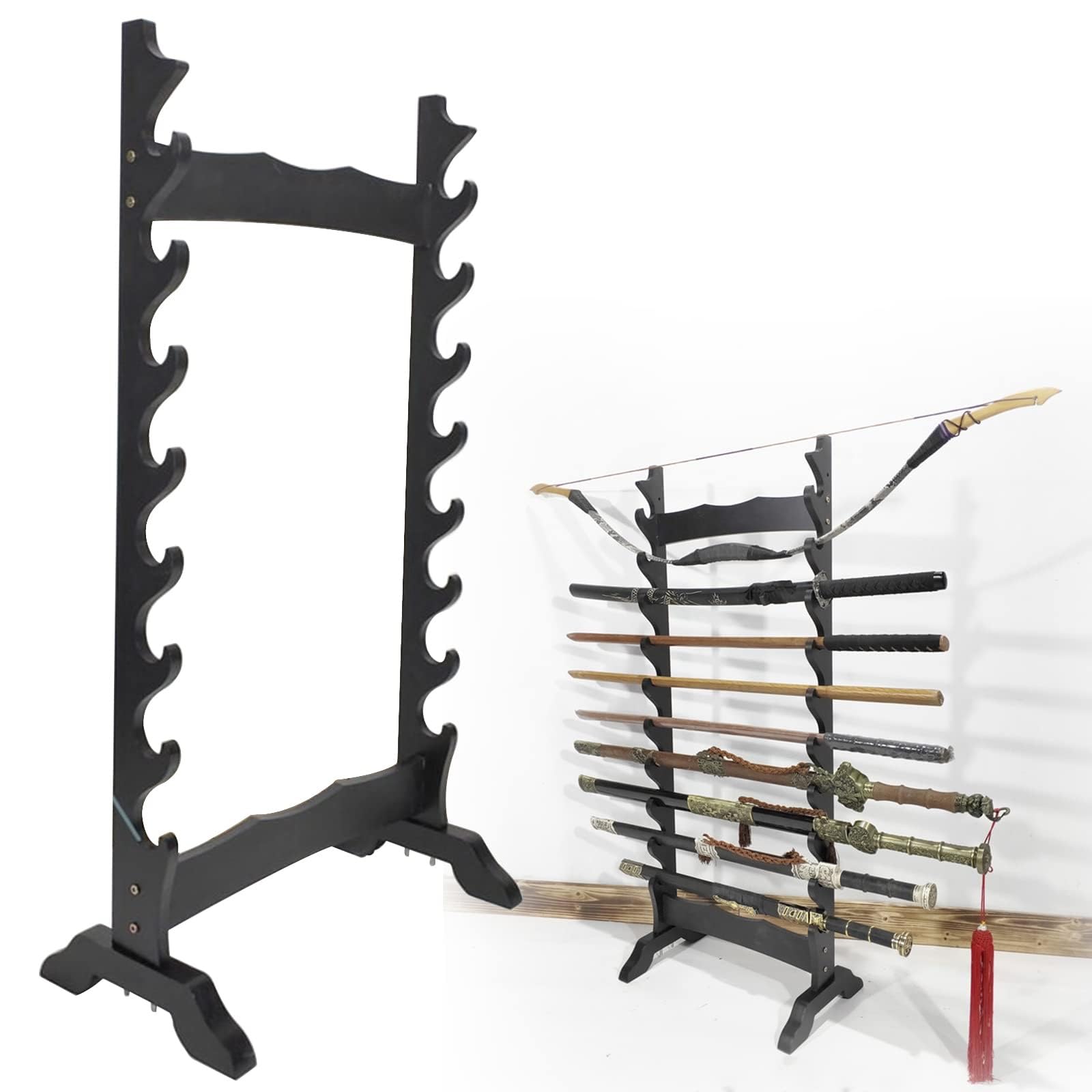 GUODDM Sword Display Katana Holder, Multilayer Floor Display Wall Hanger, 6-12 Tier Vertical, Martial Arts Wood Wand Rack For Storing Various Swords & Fishing Rod(Black,8 floors)
