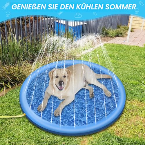 Jsdoin Hunde Pool -100cm aufblasbarer Hund Splash Hunde Pool, klappbarer verdickter Outdoor Hund Sprinkler Spielmatte für Sommer Garten Strand Hinterhof Sprinkler Wasser Spielzeug (blau)