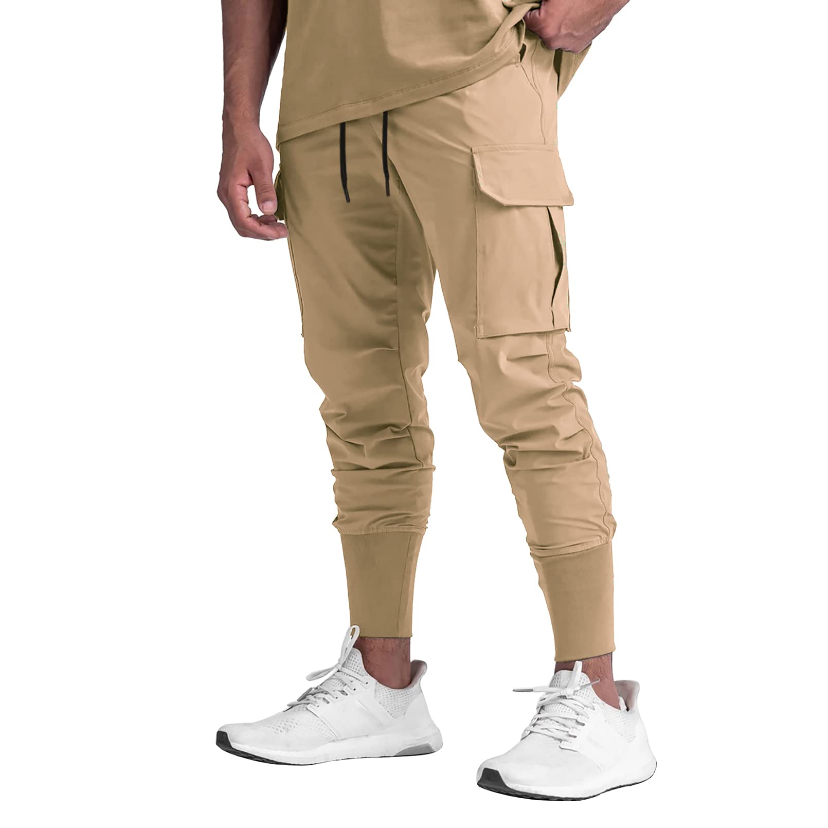 BOOMLEMON Pantaloni da jogging cargo da uomo Pantaloni da allenamento da palestra affusolati Pantaloni sportivi da corsa con tasche con cerniera, Cachi, L