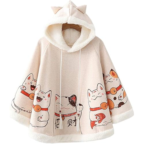 YM YOUMU Lady Girls Cloak Cape Coat Winter Fleece Ear Hooded Baggy Poncho Japanese Kawaii