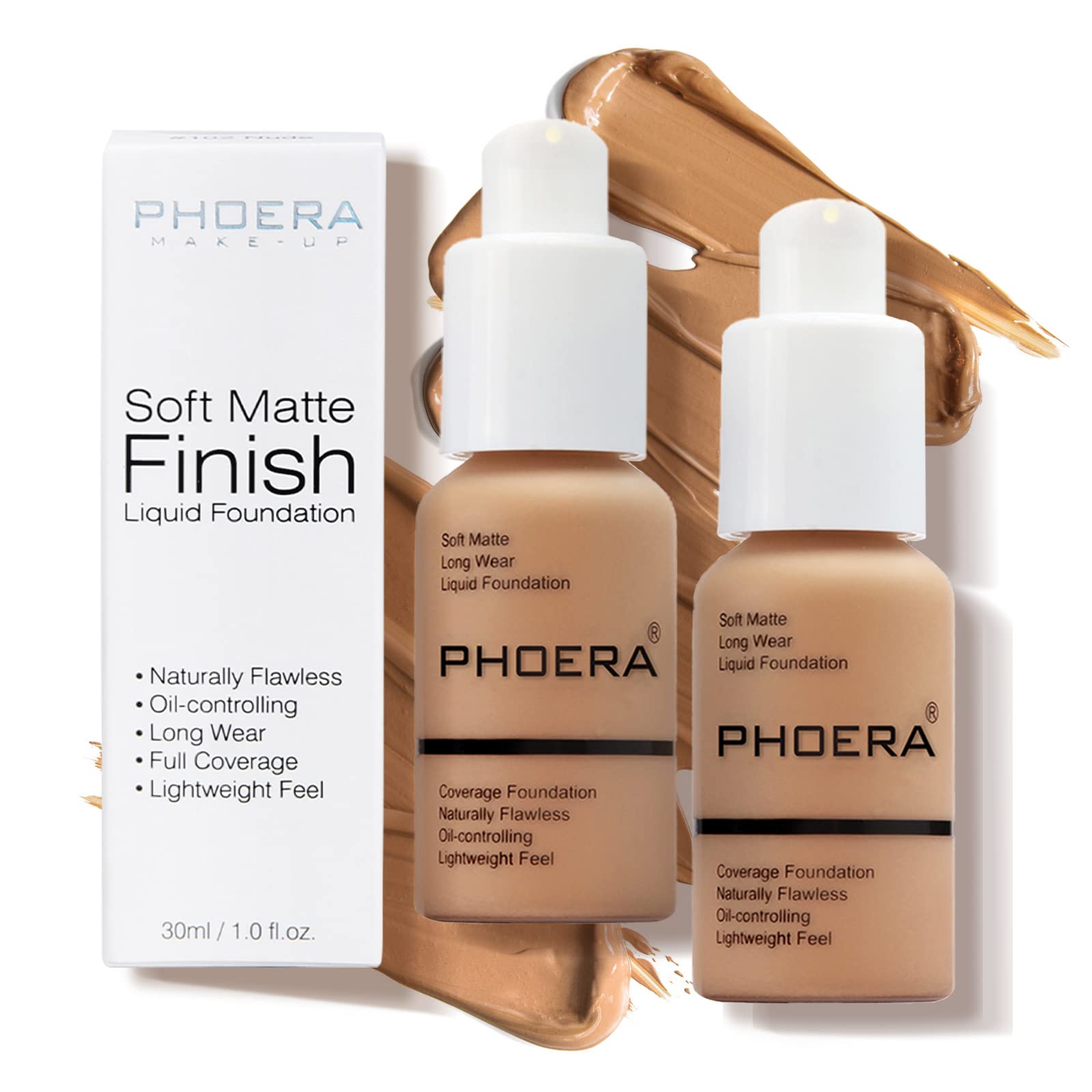 PHOERA base maquillaje,2 piezas base maquillaje cobertura total,base maquillaje alta cobertura,Resistente al agua de larga duración Oculta las imperfecciones para una tez suave (2 piezas 105)