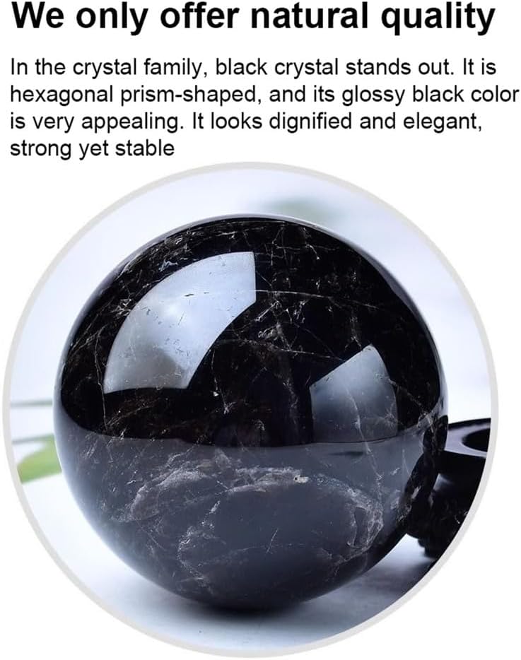 Black Quartz Crystal Ball for Decorative, Obsidian Crystal Sphere with Wooden Stand,Polished Stone Ball Ornament Home Office Decor,3.5"(9cm)