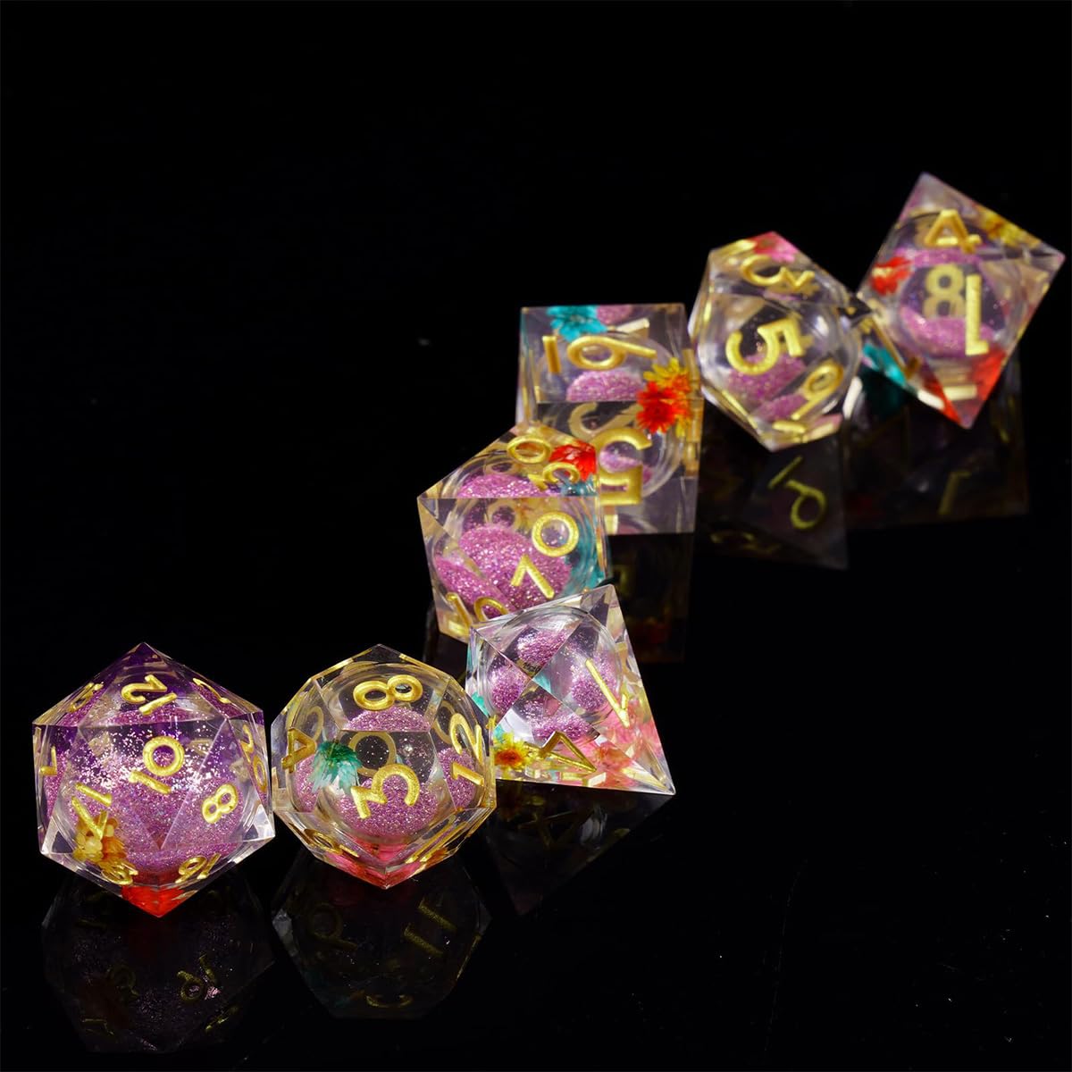 Sarini 7-teiliges Würfelset mit Flüssigkern und Kunstharz,scharfe Kanten,polyedrische DND-Würfel für Dungeons and Dragons,RPG,MTG-Tischspiele (lila Blume) - Image 3