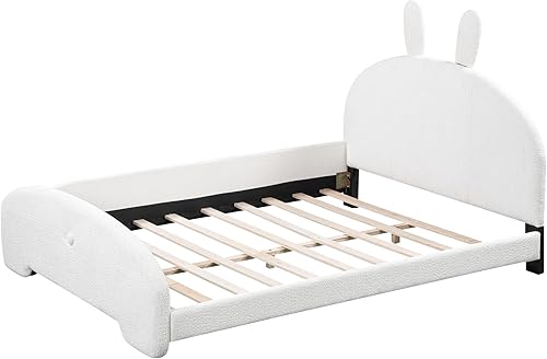 Miniatura 5 de Cama de plataforma tapizada de tamaño completo con cabecero en forma de orejas de dibujos animados, para muebles de dormitorio de niños