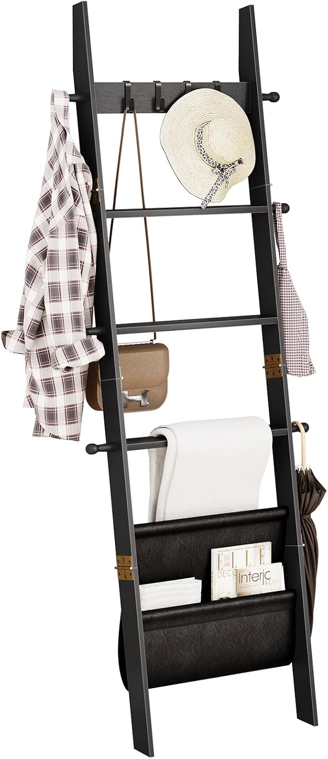 ELYKEN Blanket Ladder for Living Room, 5-Tier Wooden Towel Rack with Synthetic Leather Pocket, 4 Removable Hooks, Decorative Leaning Ladder Shelf for Bedroom, Black