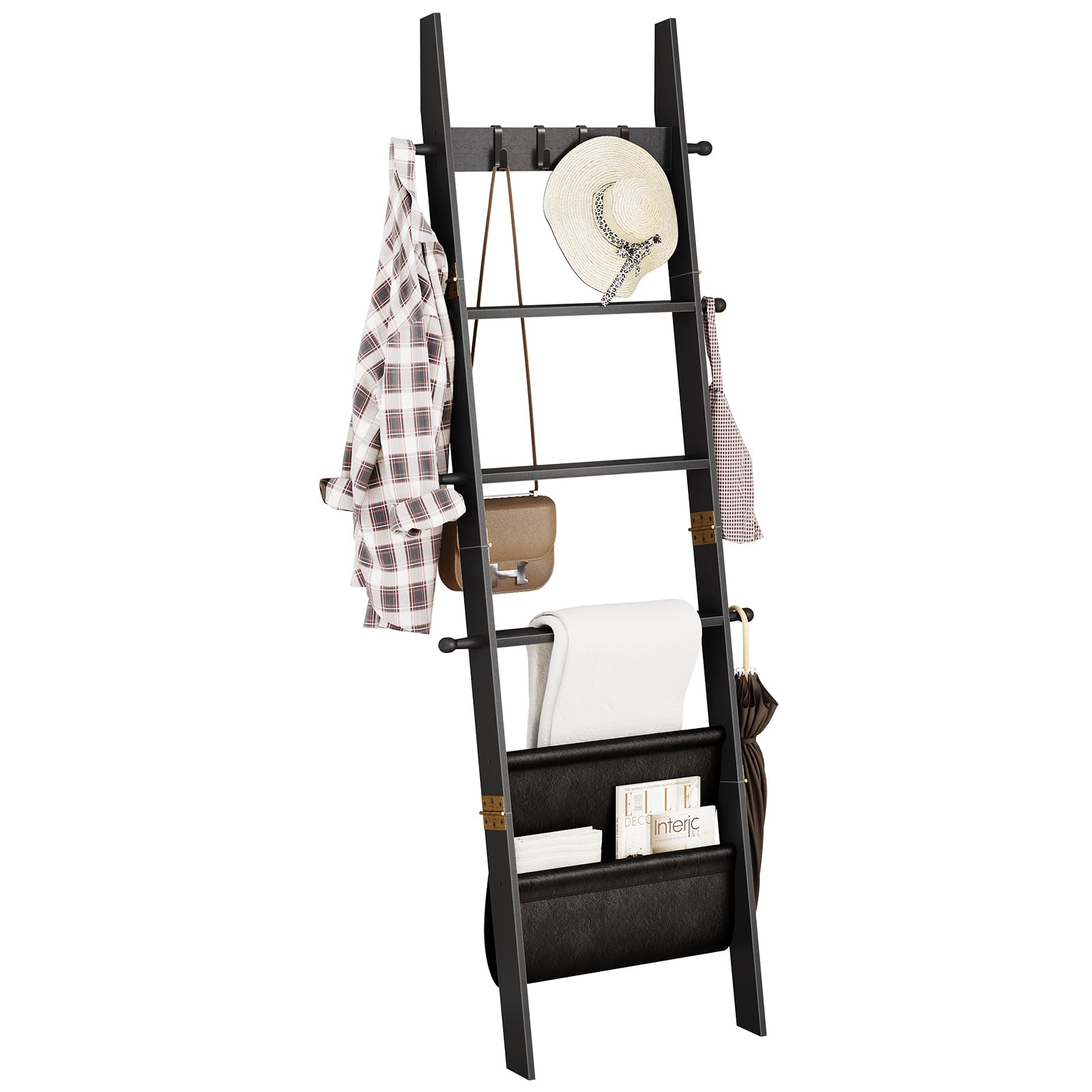 ELYKEN Blanket Ladder for Living Room, 5-Tier Wooden Towel Rack with Synthetic Leather Pocket, 4 Removable Hooks, Decorative Leaning Ladder Shelf for Bedroom, Black