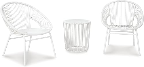 Signature Design by Ashley Mandarin Cape - Juego de 3 sillas de mimbre de resina para todo tipo de clima, para exteriores, con mesa, color blanco