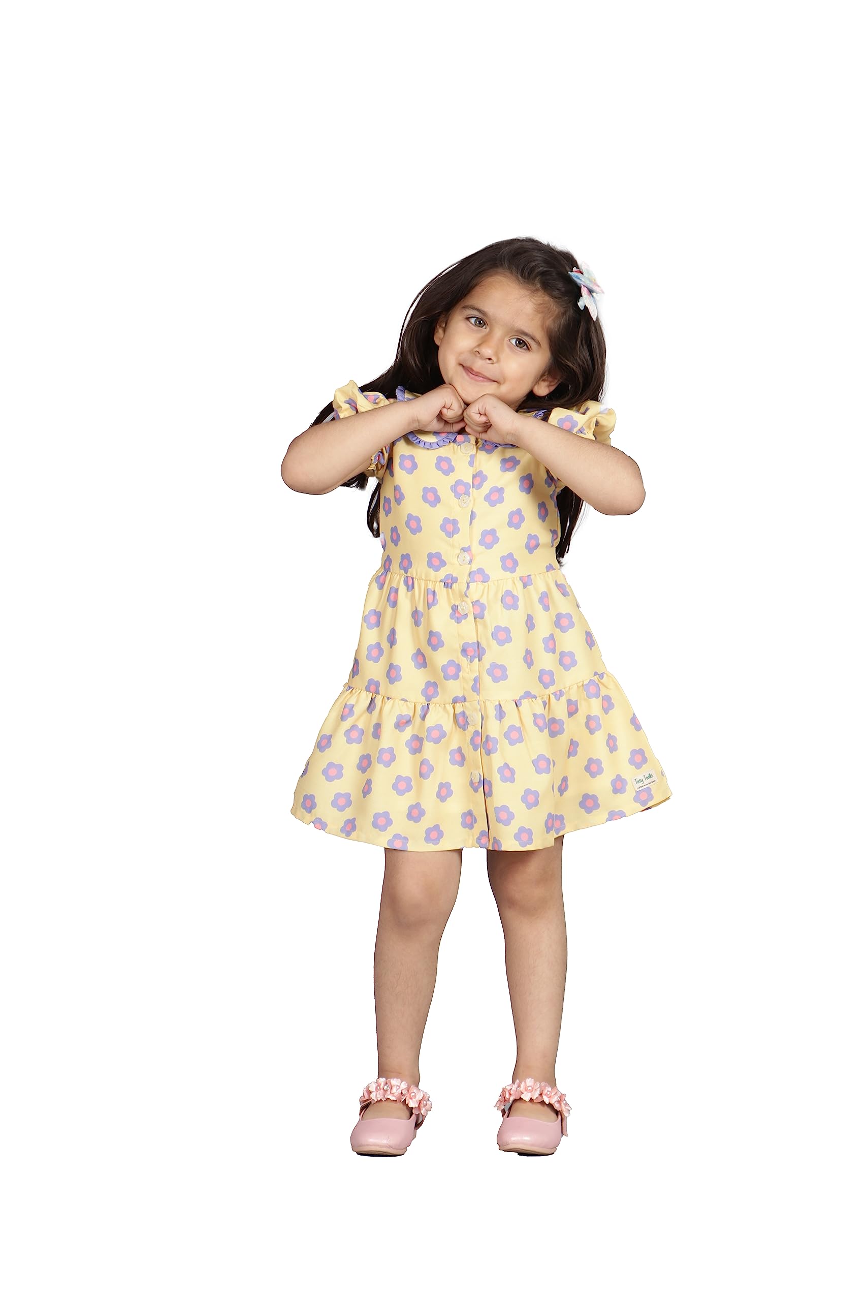 Tiny TwillsYellow Flower Print Buttoned Down Dress - Charming Elegance for All Ages.