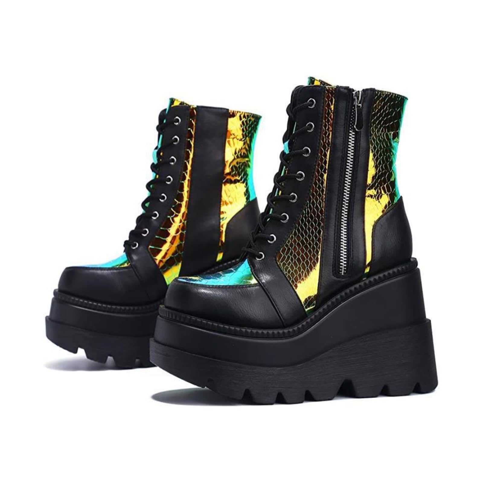 Womens Round Toe Lace-Up Chunky Platform Boots Zip High Heel Combat Wedge Ankle Boots Waterproof Motorcycle Boots