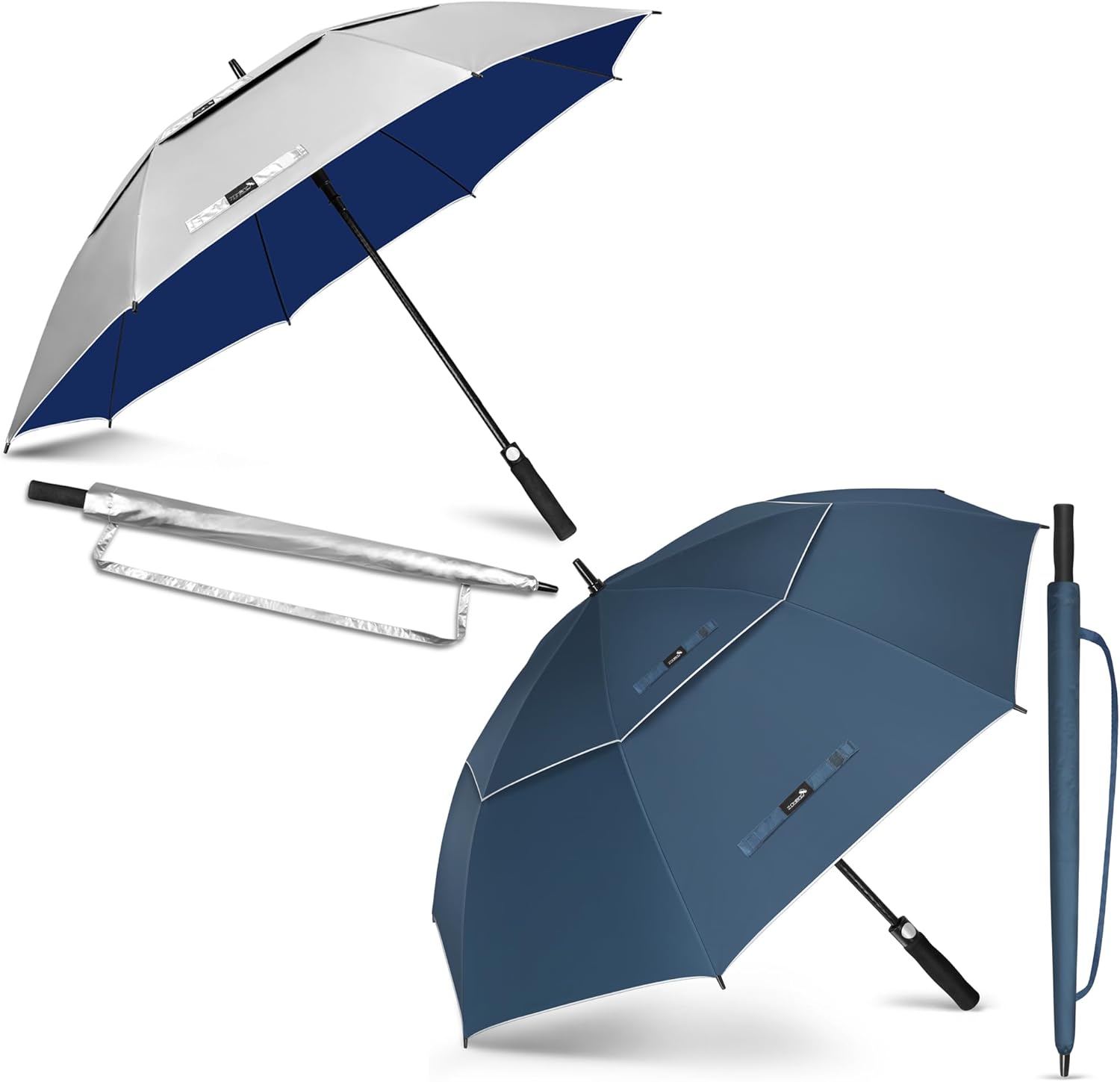 ZOMAKE 62" Large Golf Umbrella UV Protection - Double Canopy Vented Golf Umbrellas Oversize for Rain Windproof Automatic Sun Blocking Umbrella Golf Push Cart Umbrella XXL for Men(Silver Blue&Blue)
