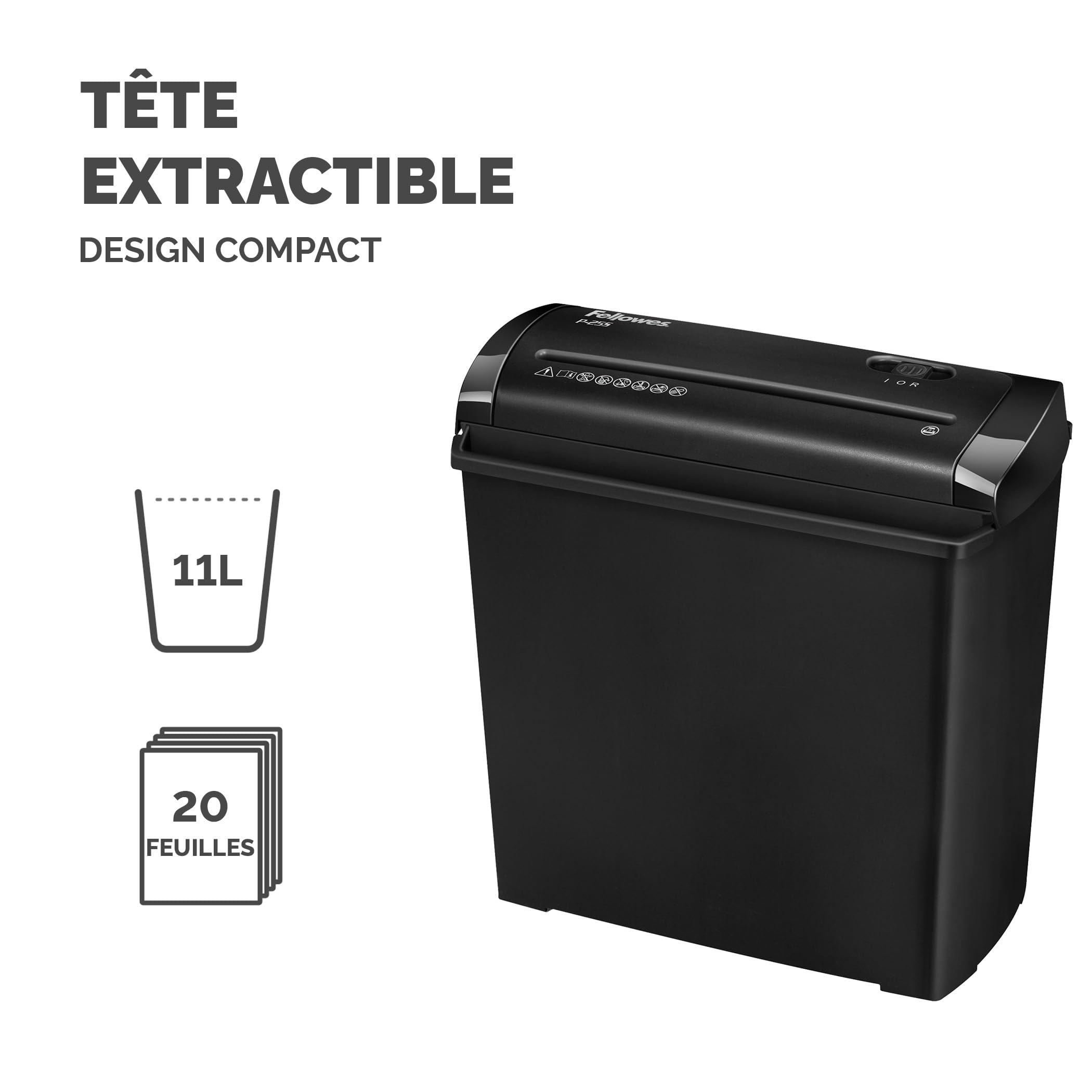 Fellowes Powershred P-25S Destructeur de Documents 5 Feuilles Coupe Droite 11L P1 Noir