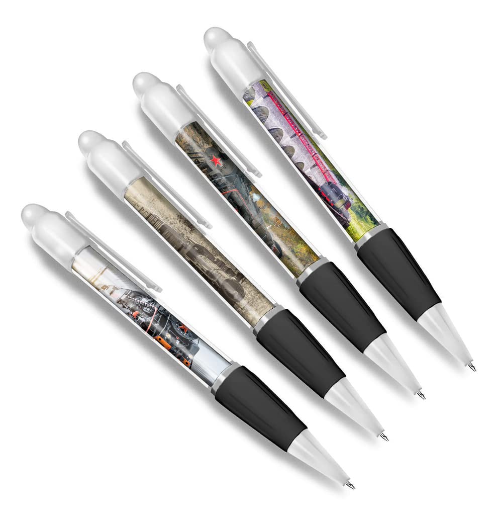 DV DESIGN Set of 4 Steam Train White Ballpoint Pens - Vintage Jacobite Viaduct Travel Themed Boys Girls Men Women Pen #79603