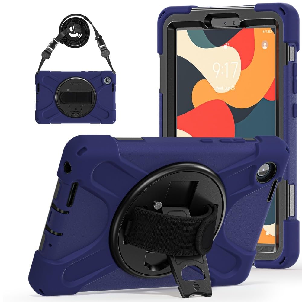Generic Custodia compatibile con Lenovo Tab One 2025 da 8,7 pollici (colore: blu navy) antiurto custodia completa supporto custodia rigida in silicone con tracolla