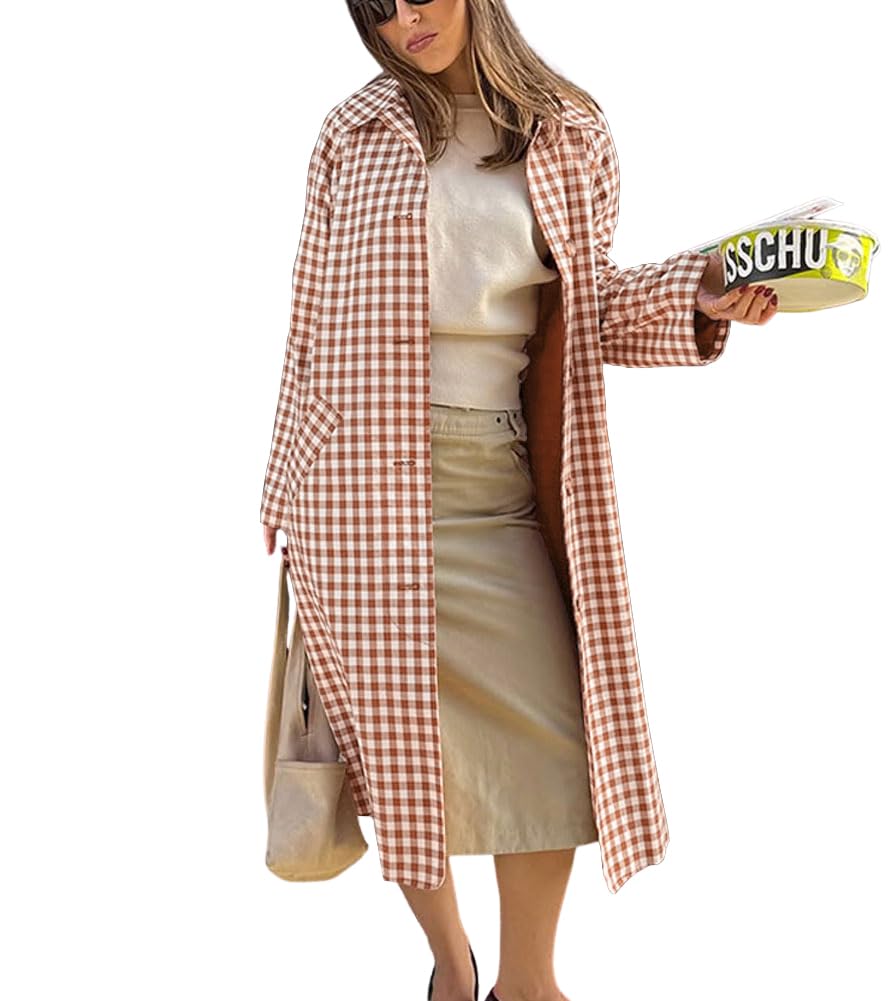 chouyatou Womens 2026 Spring Plaid Long Trench Coat Single Breasted Casual Barn Jacket Outerwear Overcoat