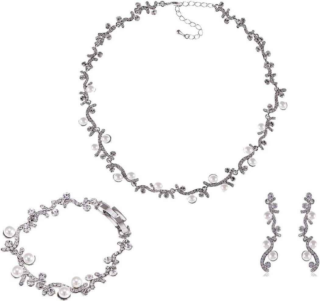 Alilang Silver Tone S-shape Faux Pearl Bead Clear Crystal Rhinestone Necklace Bracelet Earrings Jewelry Set