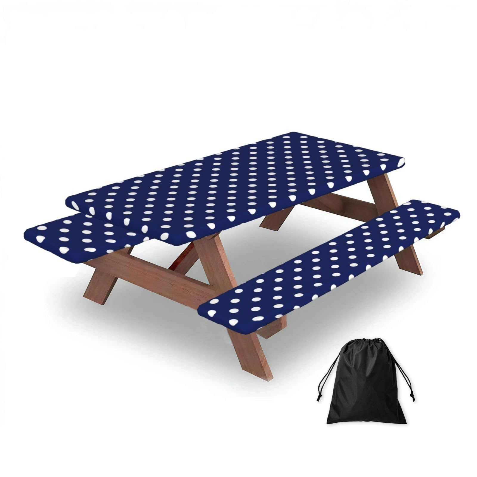 Dopklna As Picture Navy Blue Polka Dot, Picnic Table Cover With Bench Covers -Waterproof Elastic Fitted Tablecloth For Garden Camping Patio 76X152cm
