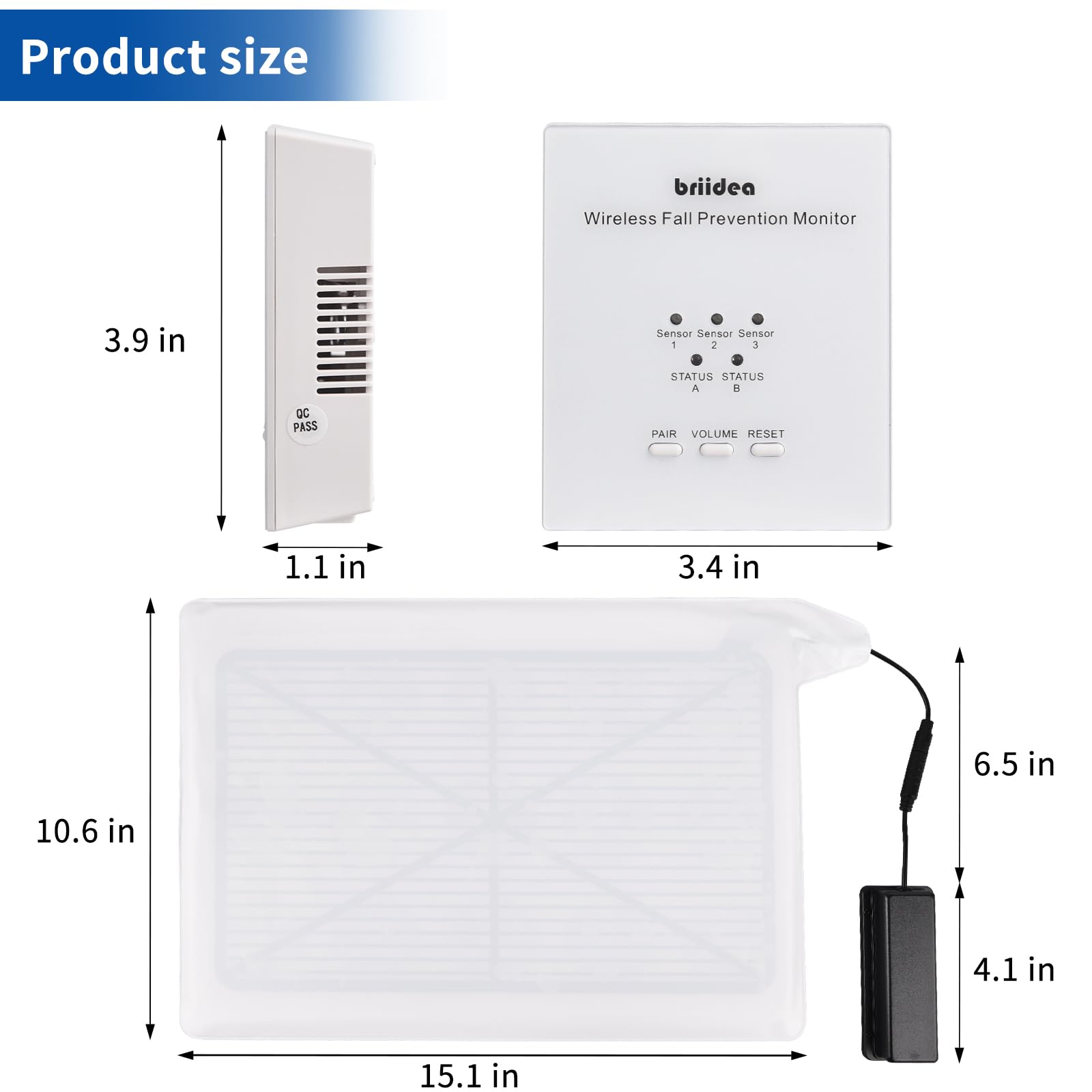 Briidea Alarma inalámbrica de silla para pacientes ancianos con demencia, sensor de prevención de caídas con 3 modos de alarma, almohadilla de PVC impermeable de 10 x 15, rango de 600 pies, soporta