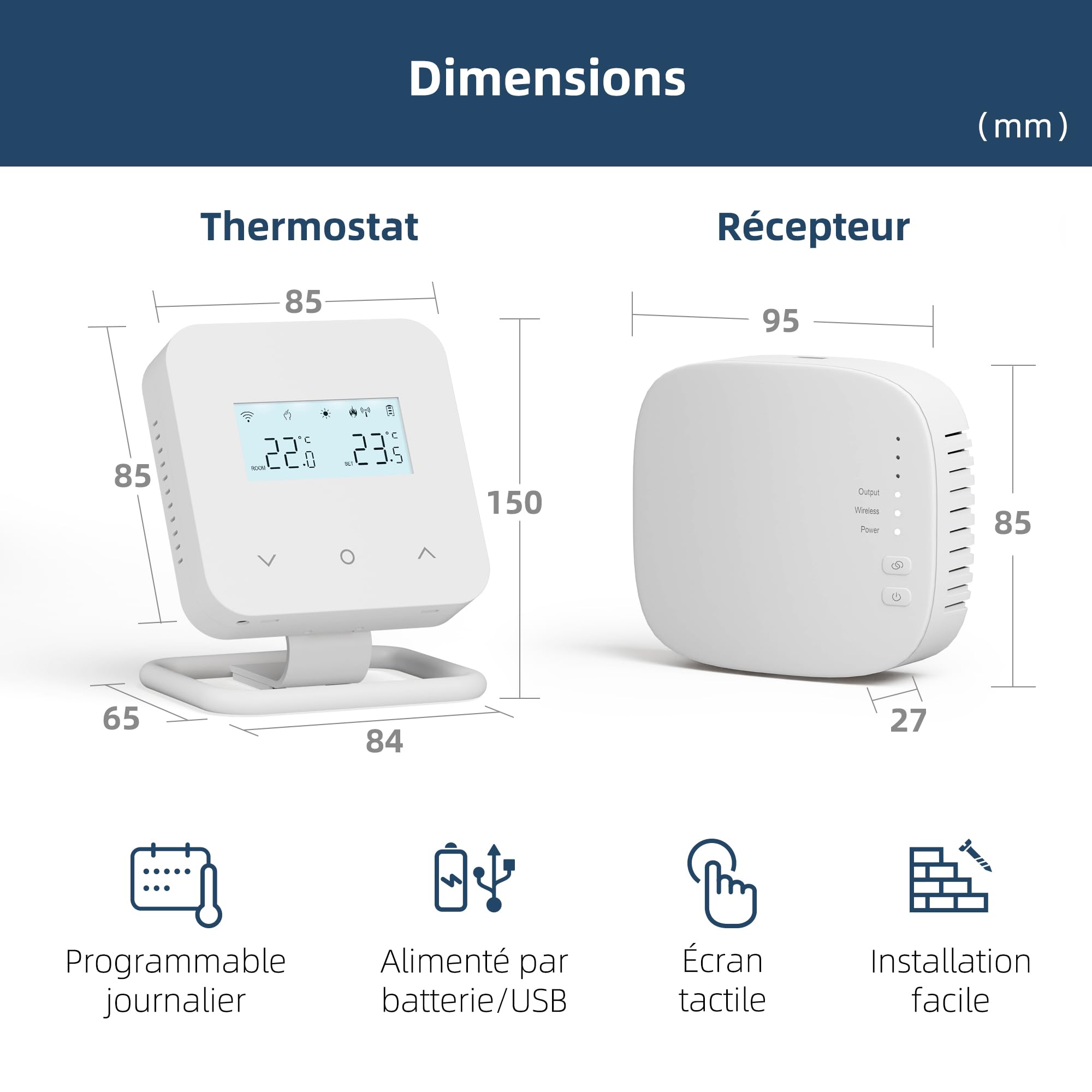 Thermostat sans Fil Programmable Quotidiennement avec Récepteur, WiFi pour Chaudières à Gaz et Fioul, Commande Vocale Alexa et Google Home, Compatible avec Tuya Smart