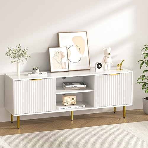 SYESWAY Soporte de TV para TV de 65 pulgadas, puertas acanaladas, centro de entretenimiento con almacenamiento, mesa consola de TV con puertas