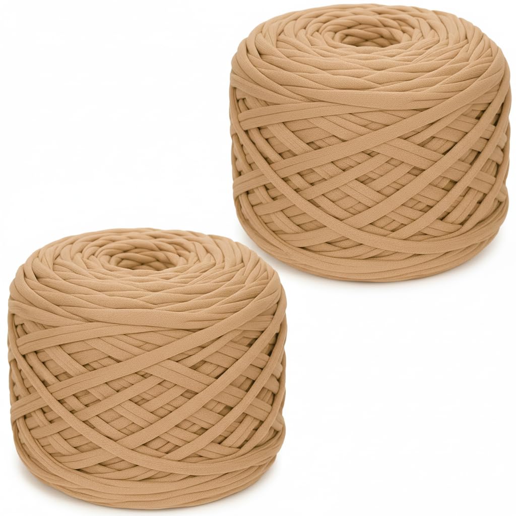 Xtrillogen 2 x 285g T Shirt Yarn,Chunky Yarn for Hand Knitting,Chunky Wool Knitting Kit,Tshirt Yarn for Crochet Wool Bags,Blankets,Baskets & DIY Home Decor (Camel) — image 1