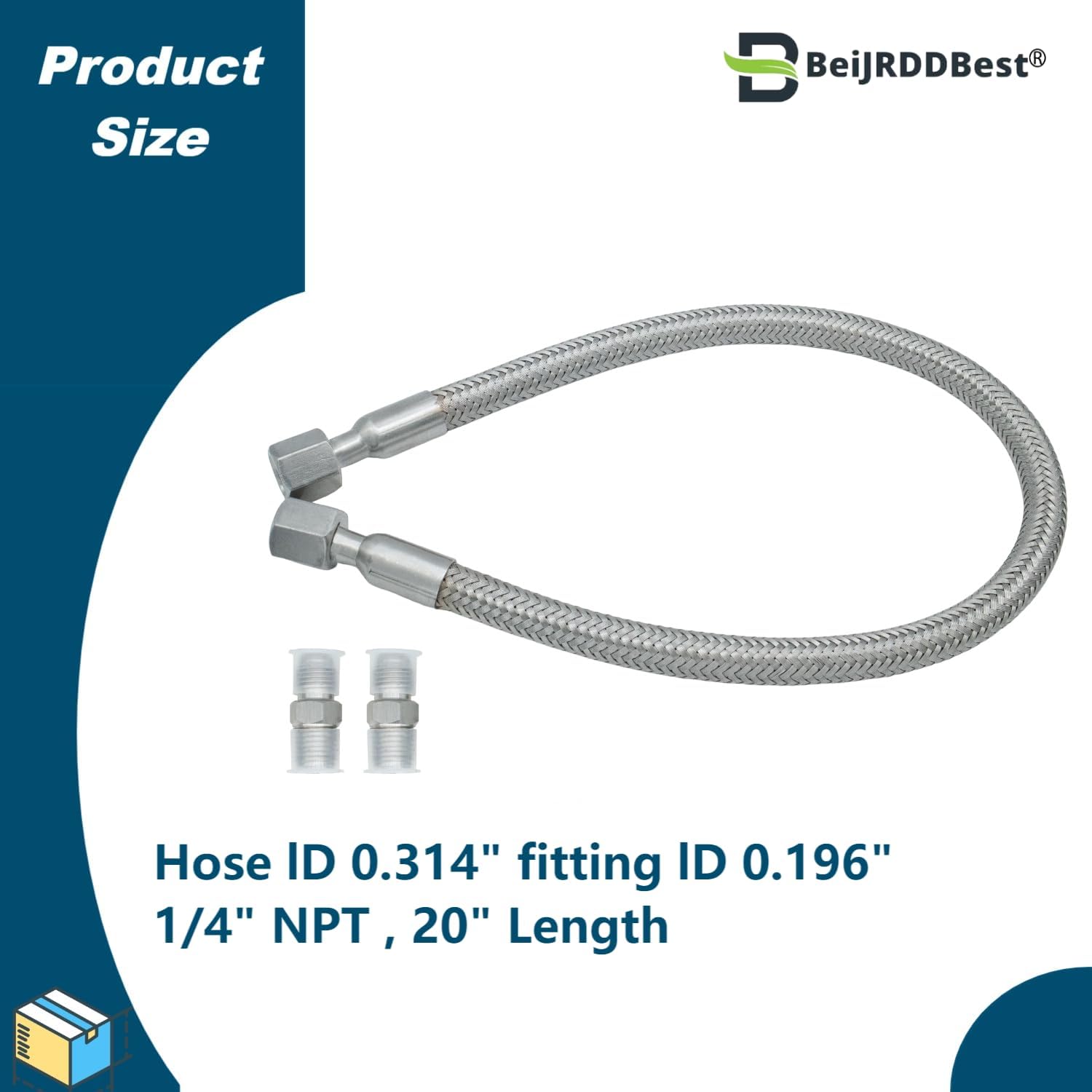 Industrial-Grade Stainless Steel 1/4" Compressor Jumper Hose, 1/4" NPT male，20" Length，750°F，450 PSI，Both Sides Fittings Rotate Freely