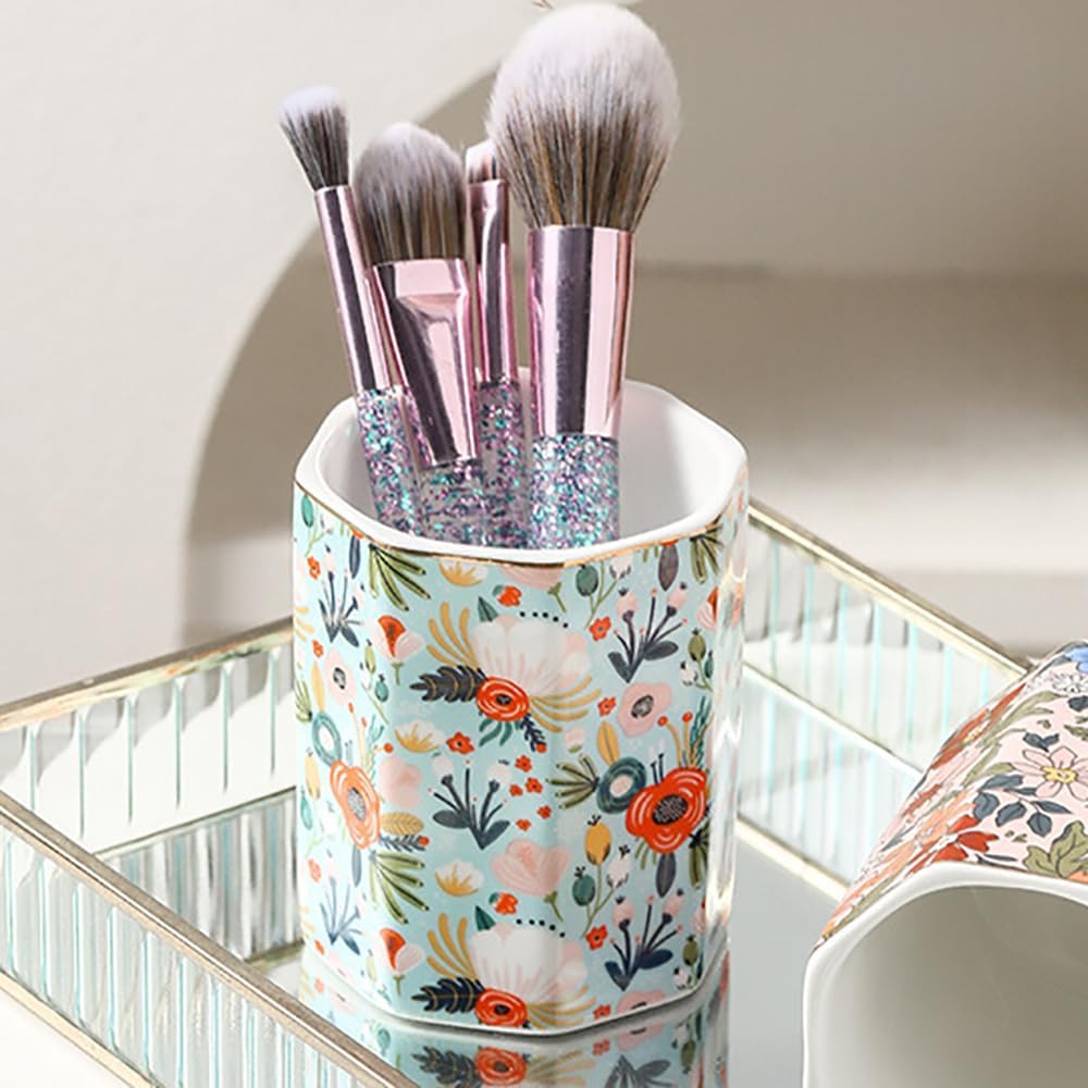 Makeup Brush Holder Organizer Christmas Decorative Cup Cosmetic Make up Brushes Eyebrow Pencil Storage Cup Pen Holder (Blossoms Summer) image 4