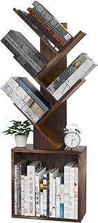 Ochine Tree Bookshelf, 4 Tier Retro Bookcase with Large Drawer, Wood Narrow Bookshelves Organizer for CDs/Movies/Books, Floor Standing Book Shelf for Bedroom, Living Room, Home Office