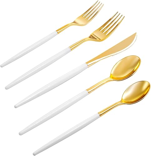 Rubtlamp 96 piezas de cubiertos de plástico dorado con mango blanco, juego de cubiertos dorados desechables incluye 32 cuchillos, 64 cucharas y