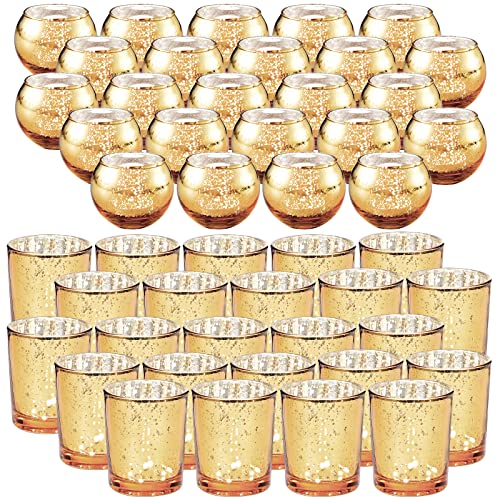 48 Pcs Votive Candle Holders Mercury Glass Candle Holder Tea Lights Candles Holders For Wedding Party Bridal Shower Anniversary Valentine's Day Table Centerpieces Decorations, 2 Styles (Gold) #TOP25