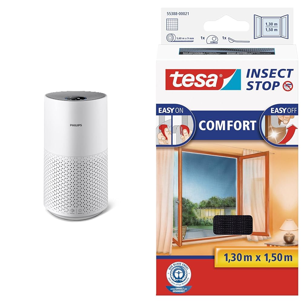 Philips Luftreiniger Smart 1000i Serie - Reinigt Räume bis zu 78 m² & tesa Insect Stop COMFORT Fliegengitter für Fenster - Insektenschutz mit Klettband selbstklebend