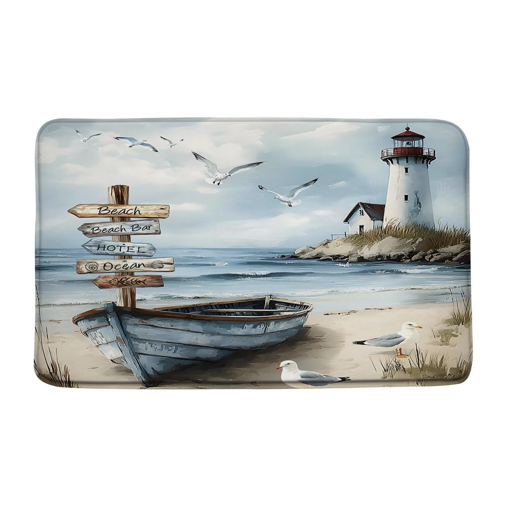YOZSLGU Nautical Coastal Bath Mat Ocean Beach Lighthouse Seaside Blue Teal Memory Foam Bathroom Kitchen Rug, 19.8 x 31.5 Inch