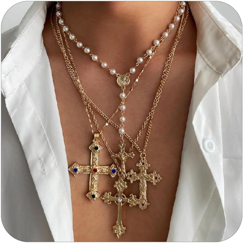 Gold Cross Necklace for Women Pearl Cross Pendant Necklace Crystal Layered Chain Necklace Set Dainty Long Necklaces Fashion Jewelry