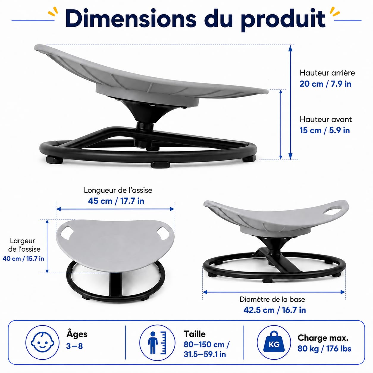 TopHomer Chaise d'équilibre rotative pour enfants – Siège pivotant 360° autisme TDAH, soulagement mal des transports, poignées sécurité base stable