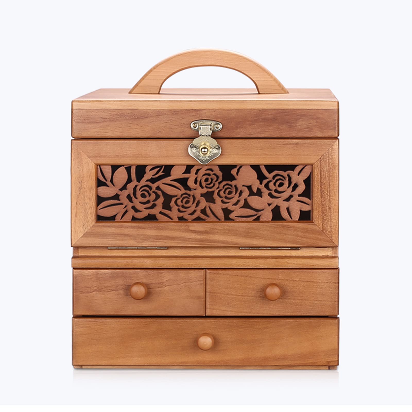 Jewelry Box with Mirror Large-Capacity Retro Solid Wood Jewelry Box for Women Desktop Jewelry Organizer Box Display Color